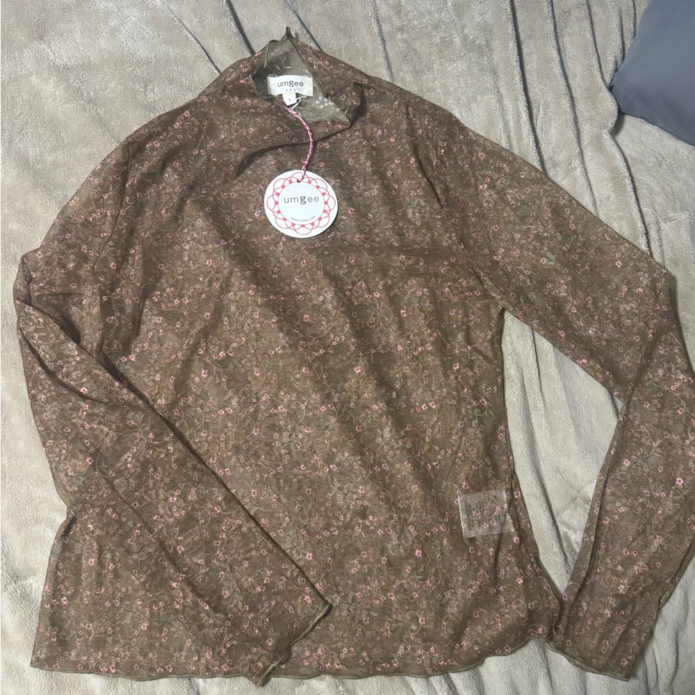 Umgee Brown Floral Long Sleeve Mesh Top with Pink Accents
